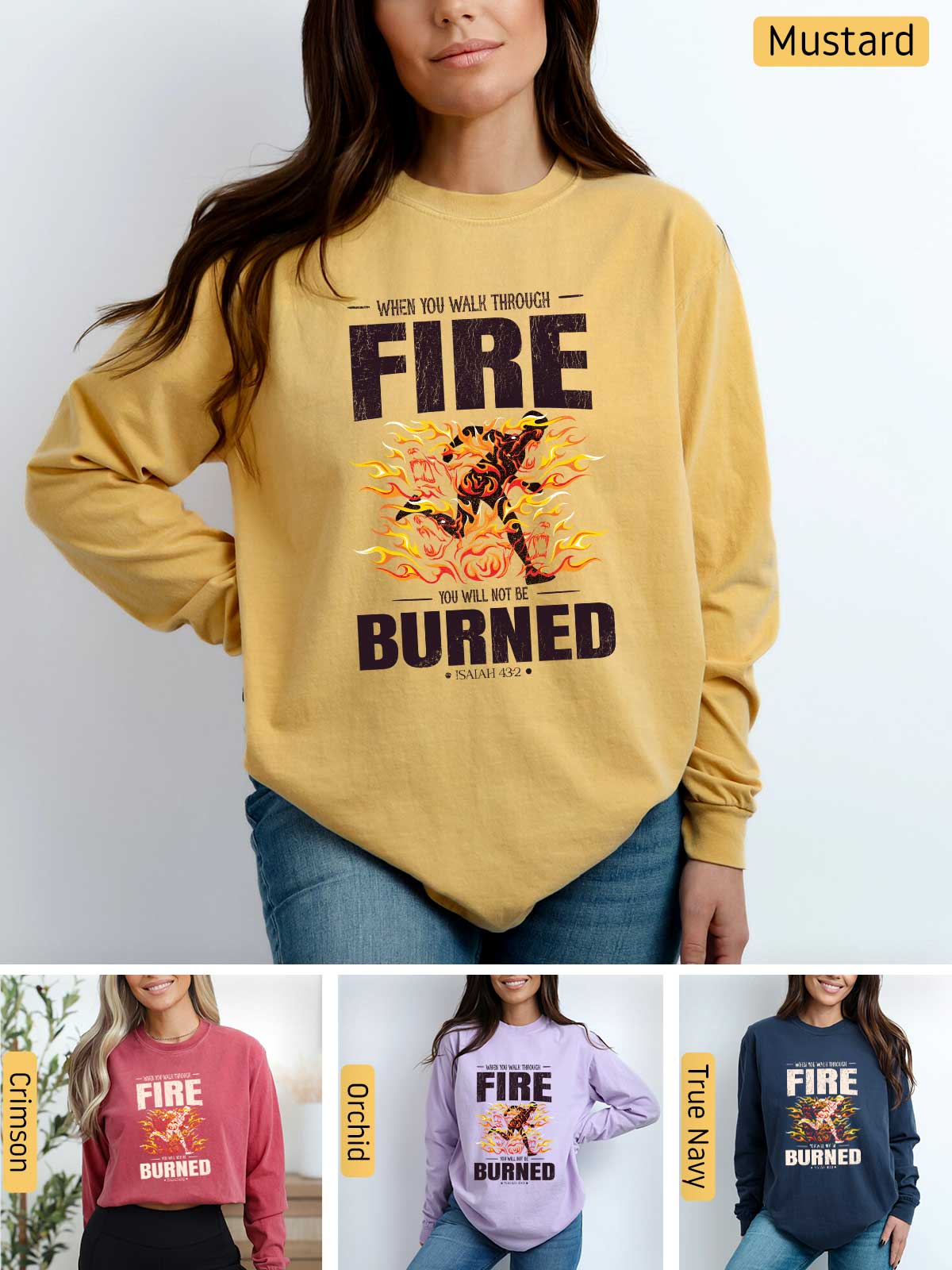 a woman wearing a fire burned sweatshirt