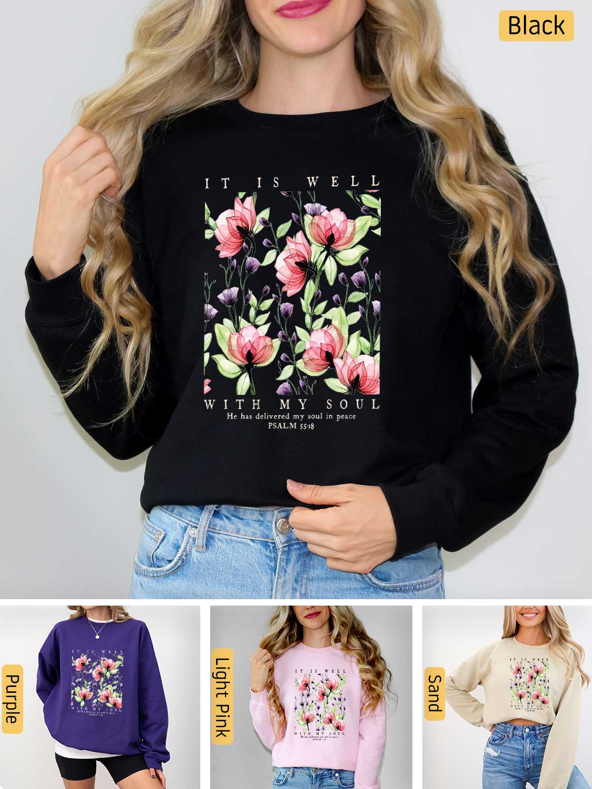 a woman wearing a sweatshirt with flowers on it