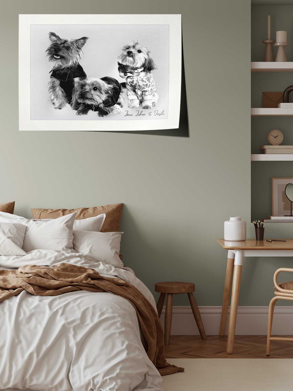 a cozy bedroom scene with a bed, a desk, and a framed photograph of three dogs on the wall.