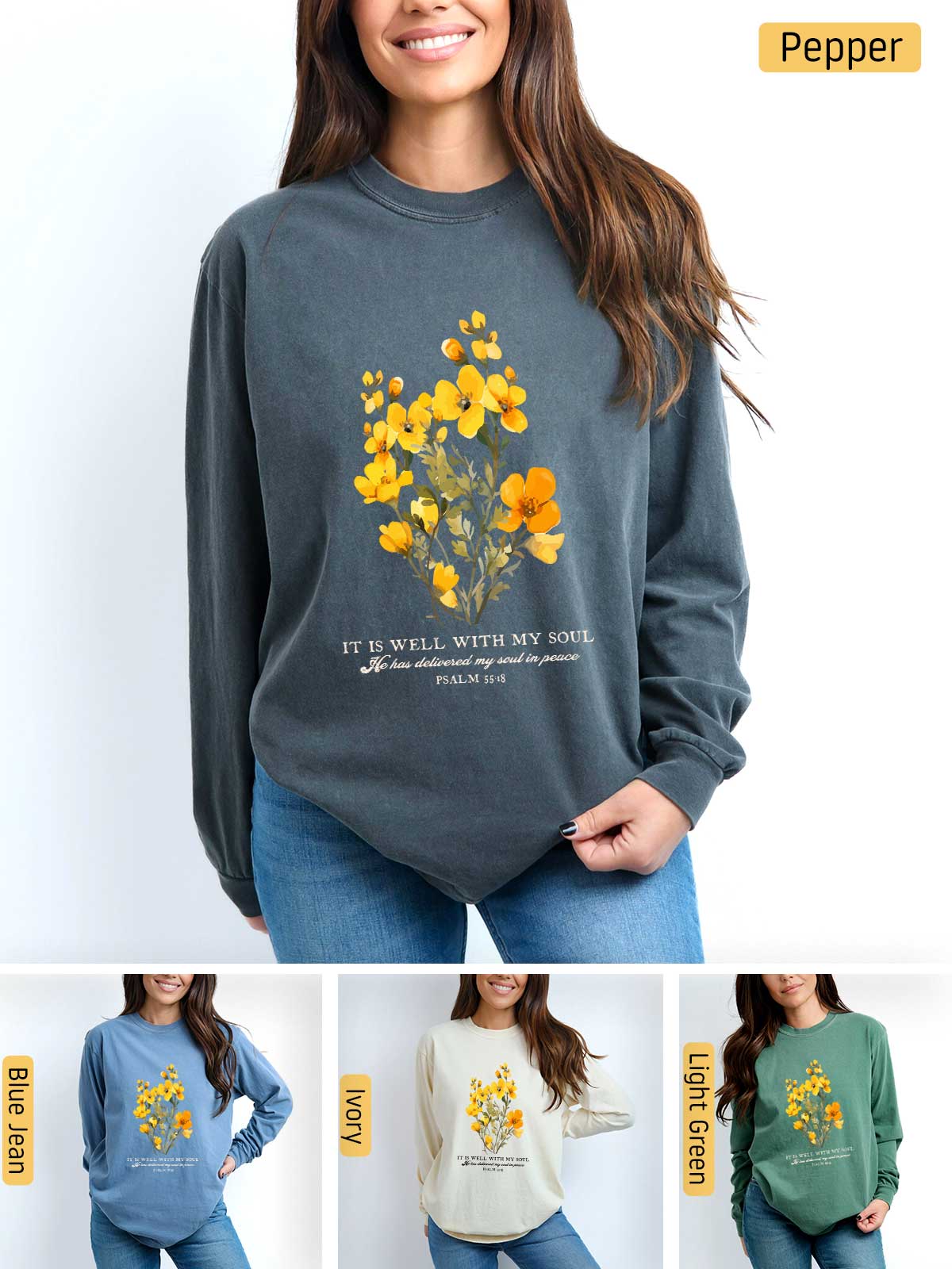 a woman wearing a sweatshirt with flowers on it