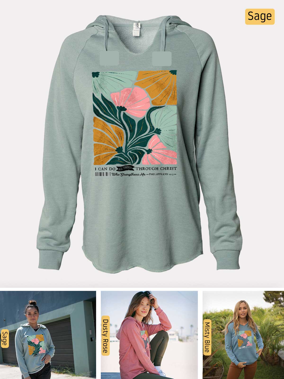 a women's sweatshirt with a picture of a woman sitting on a bench