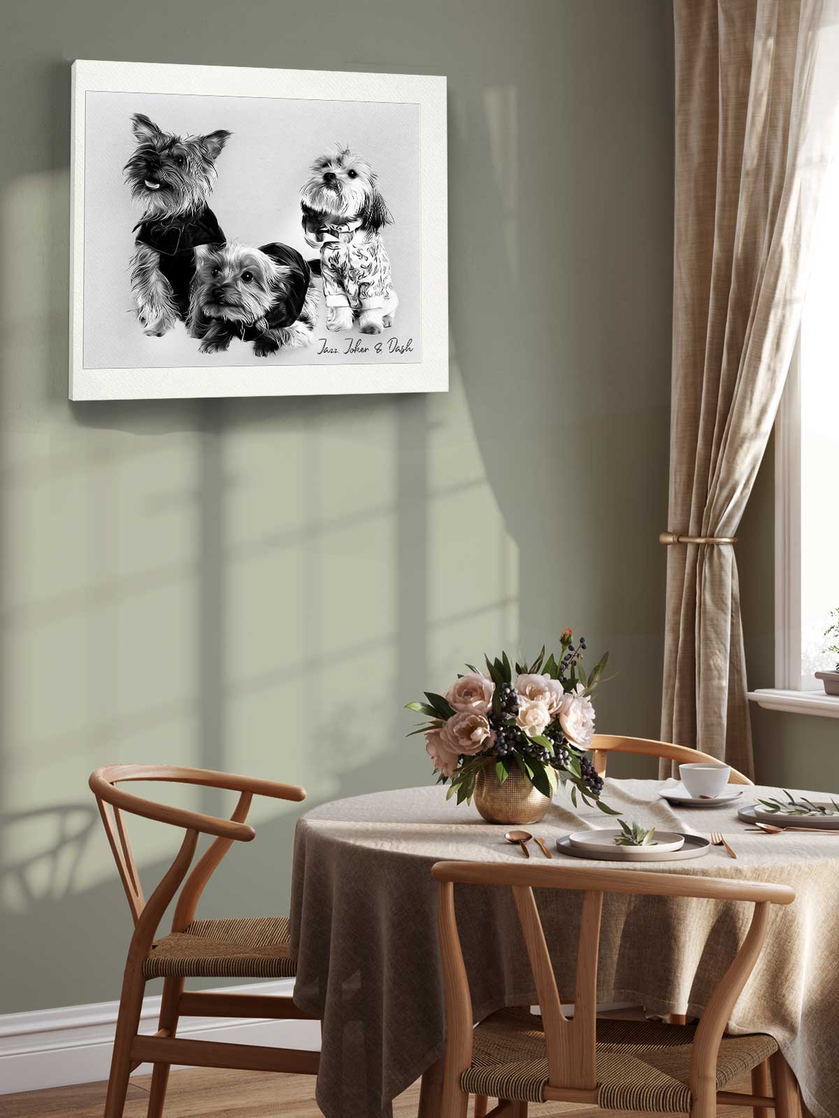 a cozy dining area with a table set for two, a vase of flowers, and a framed black and white photograph of three dogs on the wall.