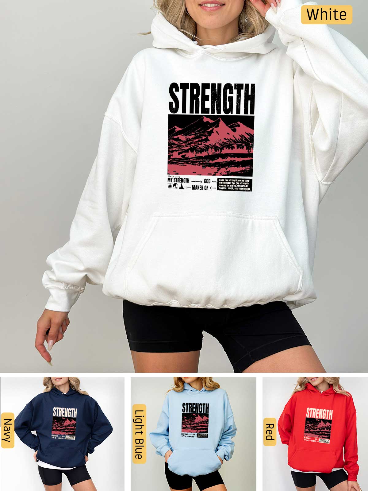 a woman wearing a sweatshirt with the words strength on it