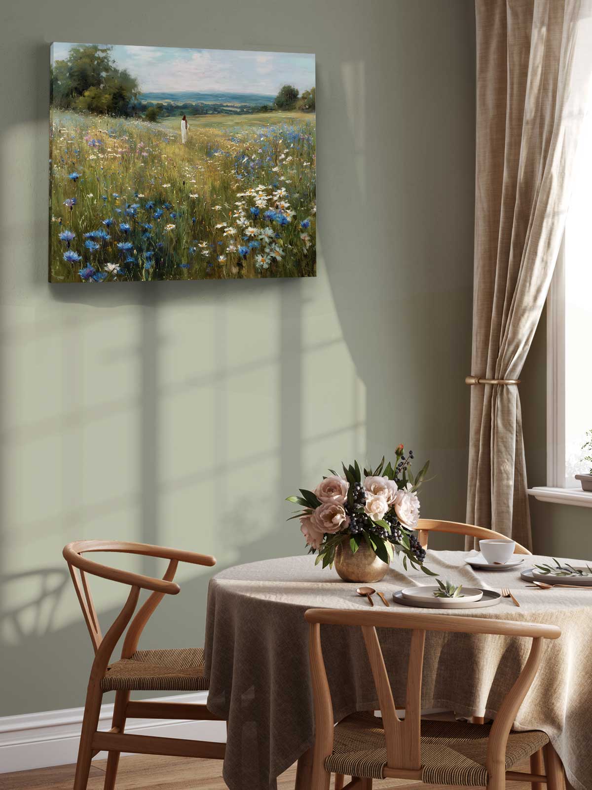 a serene dining room with a table set for two, featuring a vase of flowers and a painting of a field of flowers hanging on the wall.