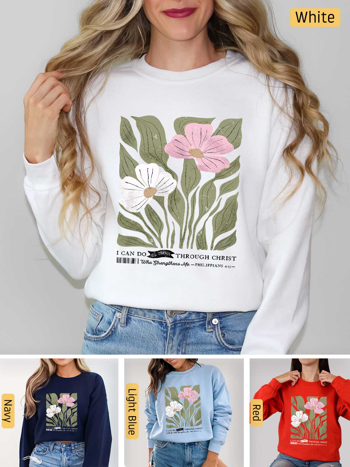 a woman wearing a sweatshirt with flowers on it