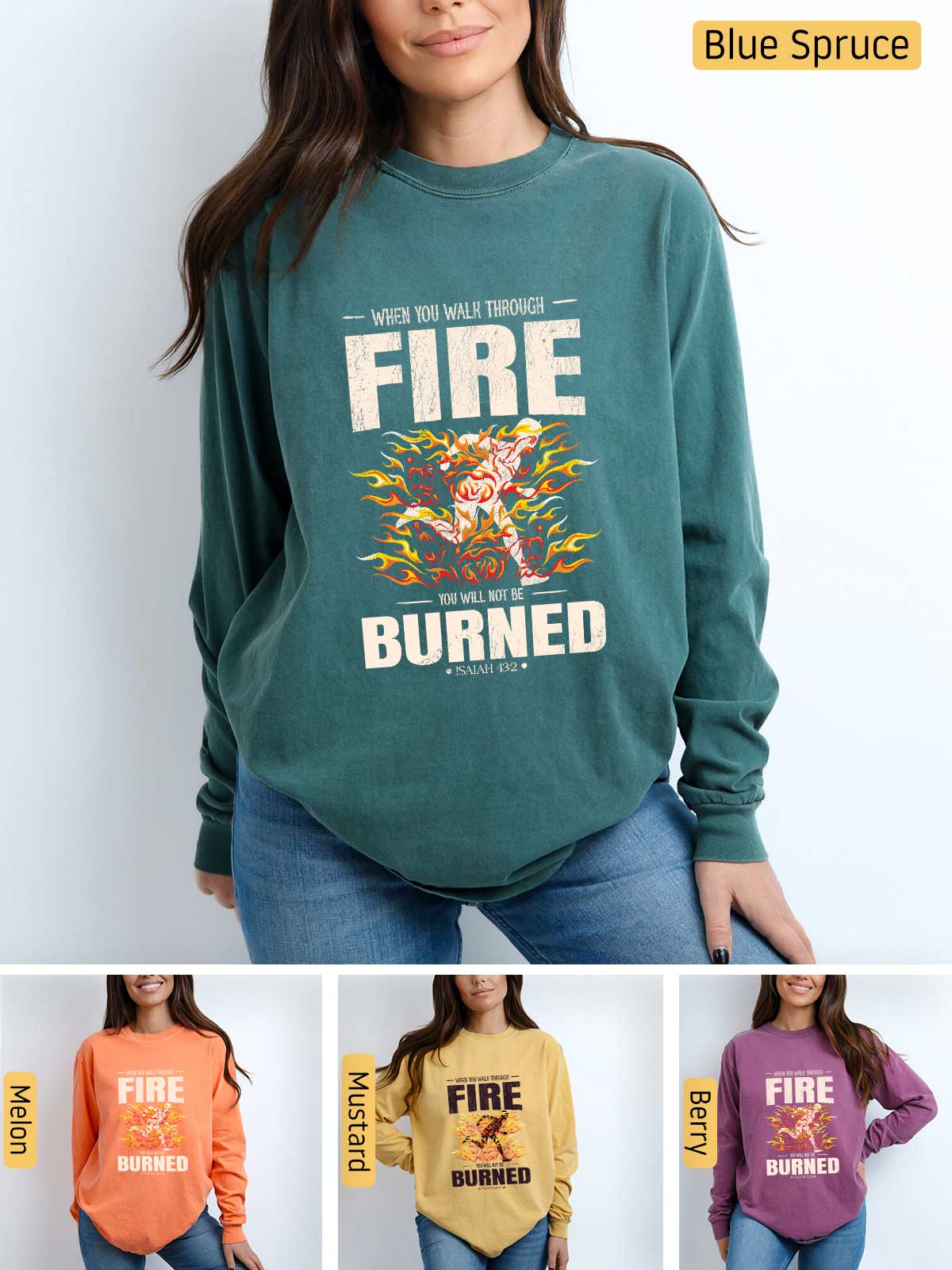 a woman wearing a fire burned sweatshirt