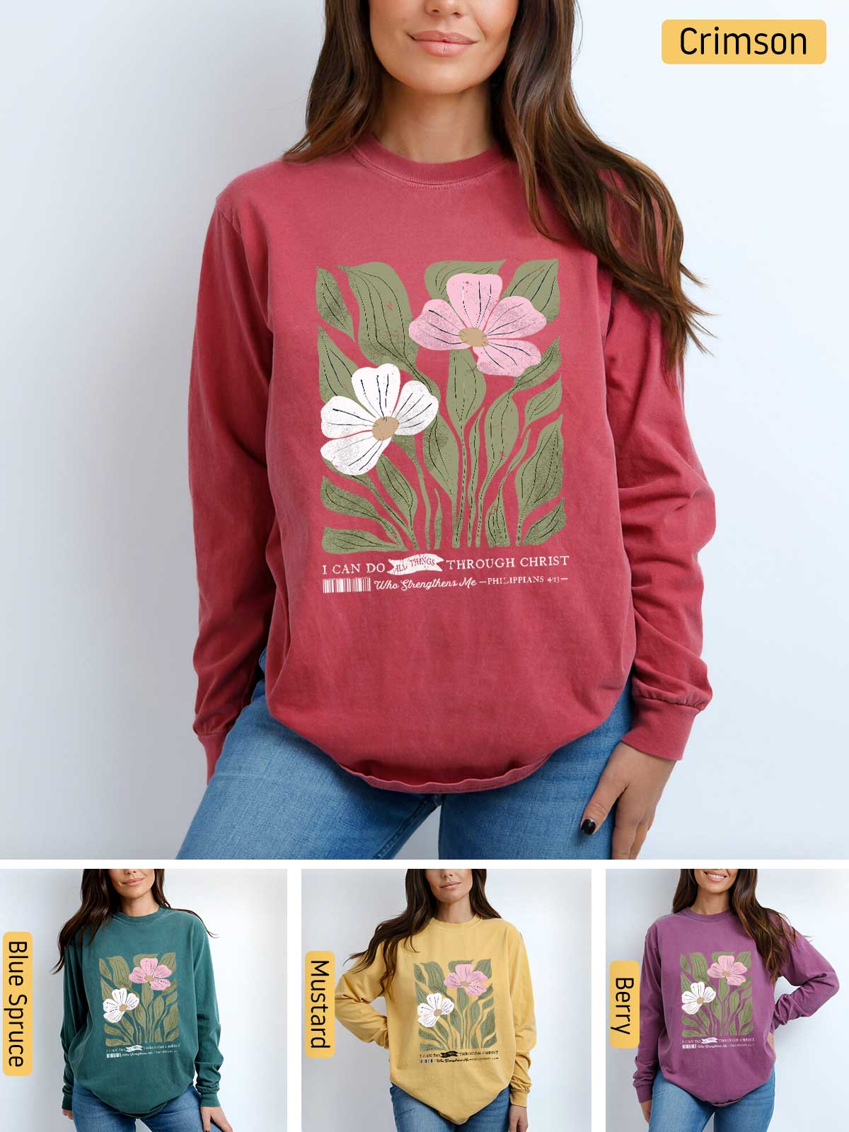 a woman wearing a sweatshirt with flowers on it