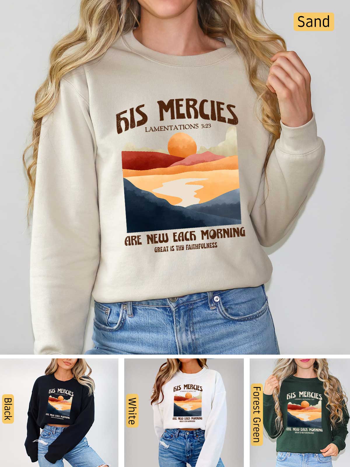 a woman wearing a sweatshirt with a picture of a sunset on it