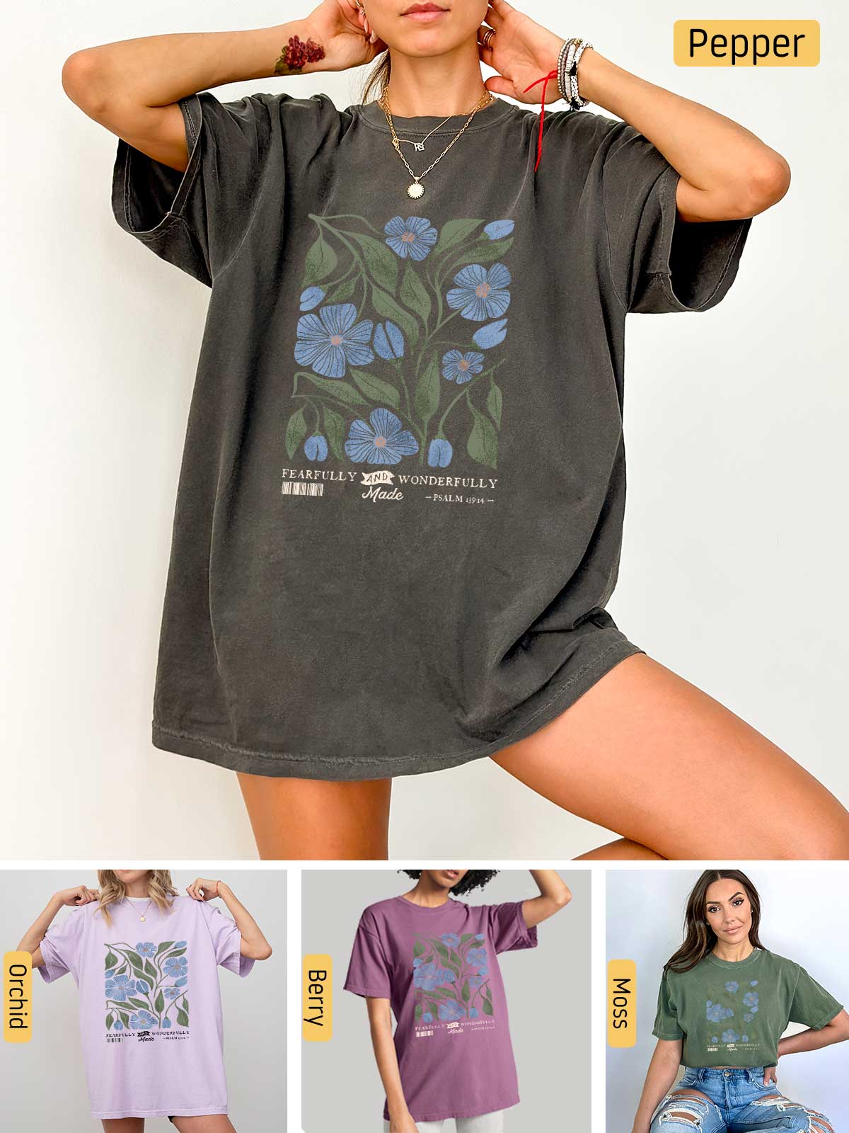 a woman wearing a t - shirt with flowers on it