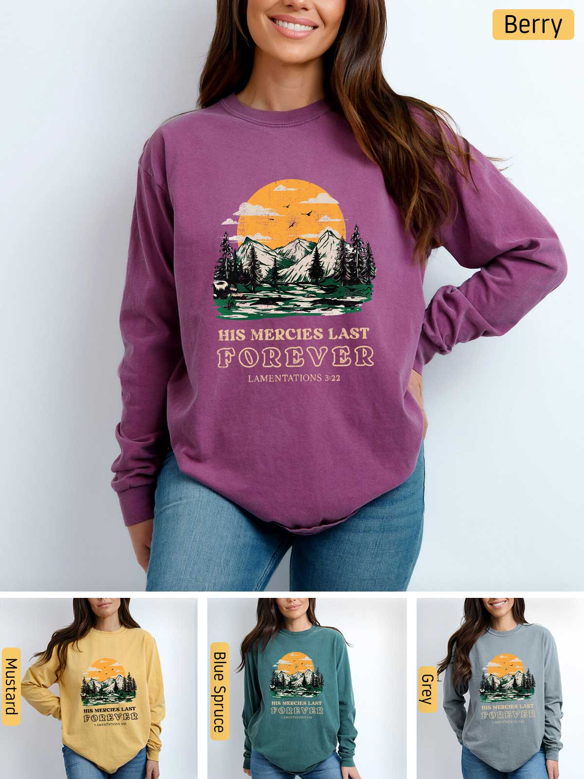 a woman wearing a purple sweatshirt with a mountain scene on it