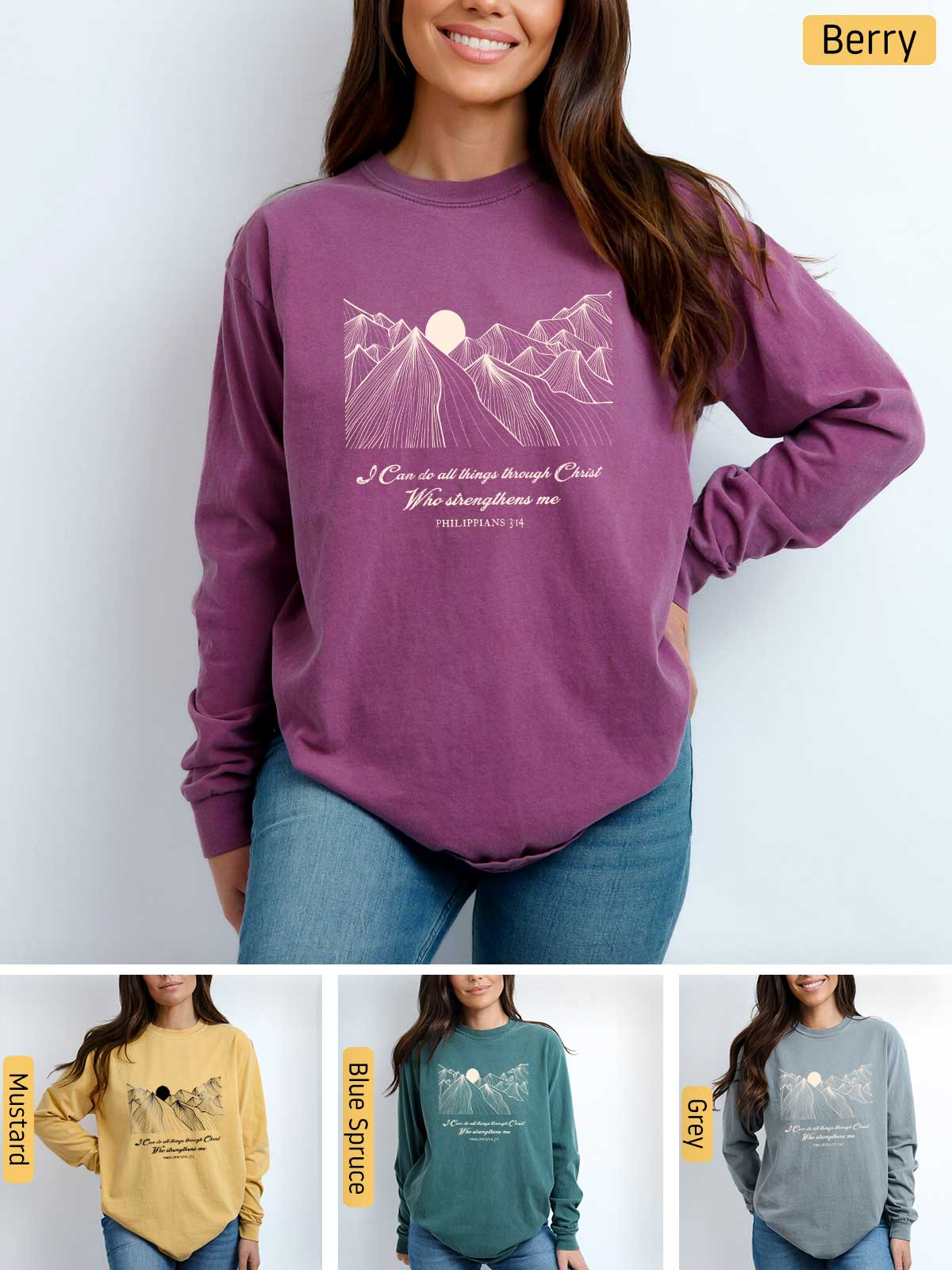 a woman wearing a purple sweatshirt with mountains on it