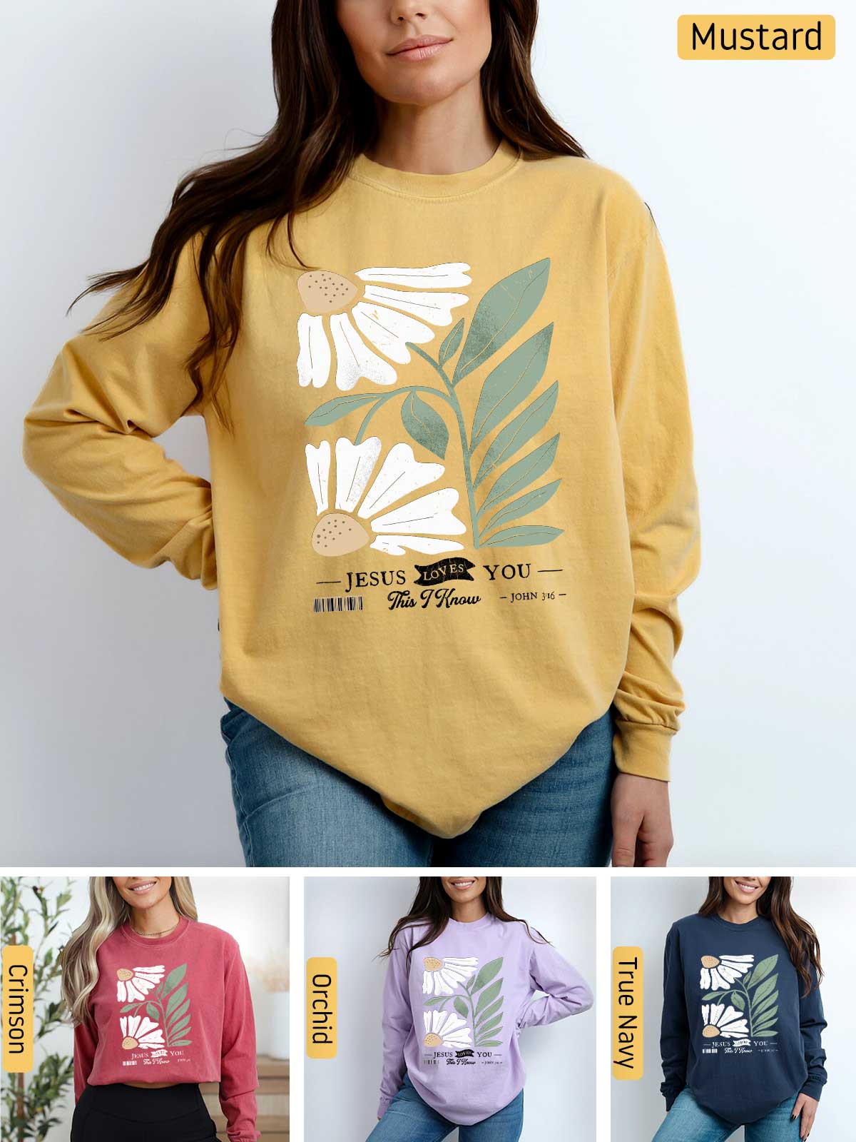 a woman wearing a mustard colored sweatshirt with a flower on it