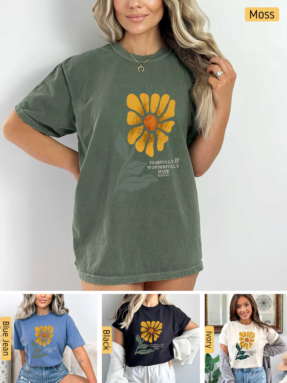 a woman wearing a t - shirt with a flower on it