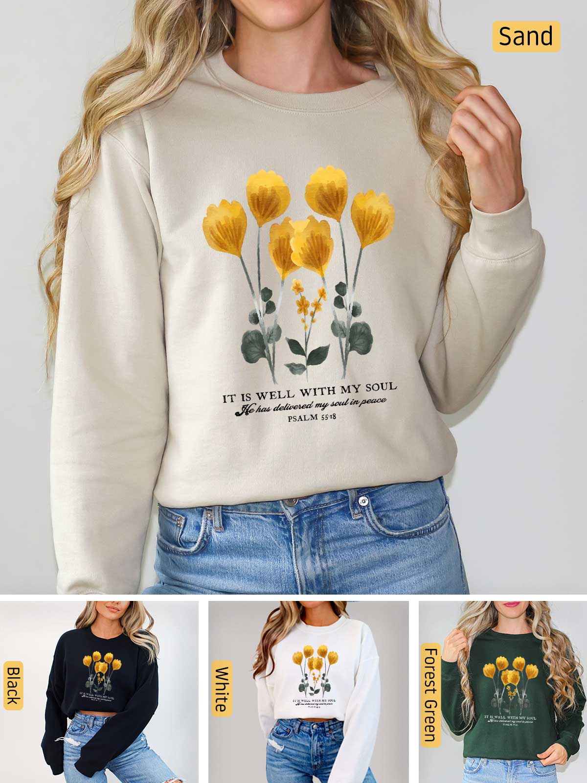 a woman wearing a sweatshirt with flowers on it