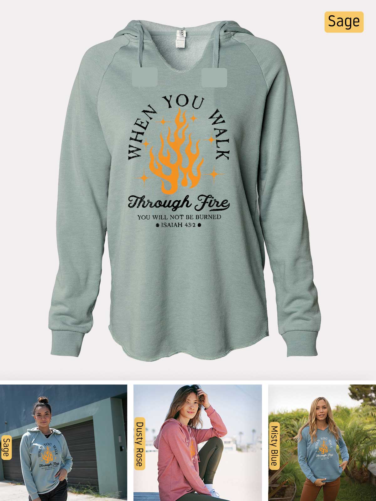 a woman wearing a sweatshirt with a fire on it