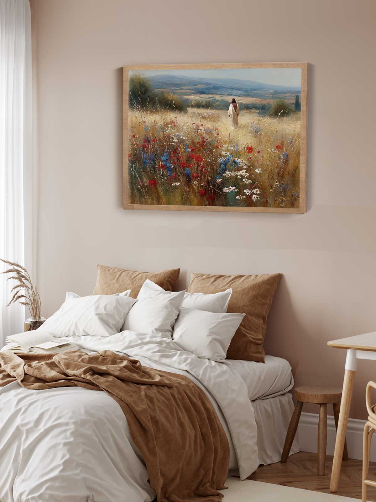 a serene bedroom scene with a bed adorned with white sheets and brown throw blankets, a wooden nightstand, and a framed painting of a field with wildflowers hanging on the wall above the bed.