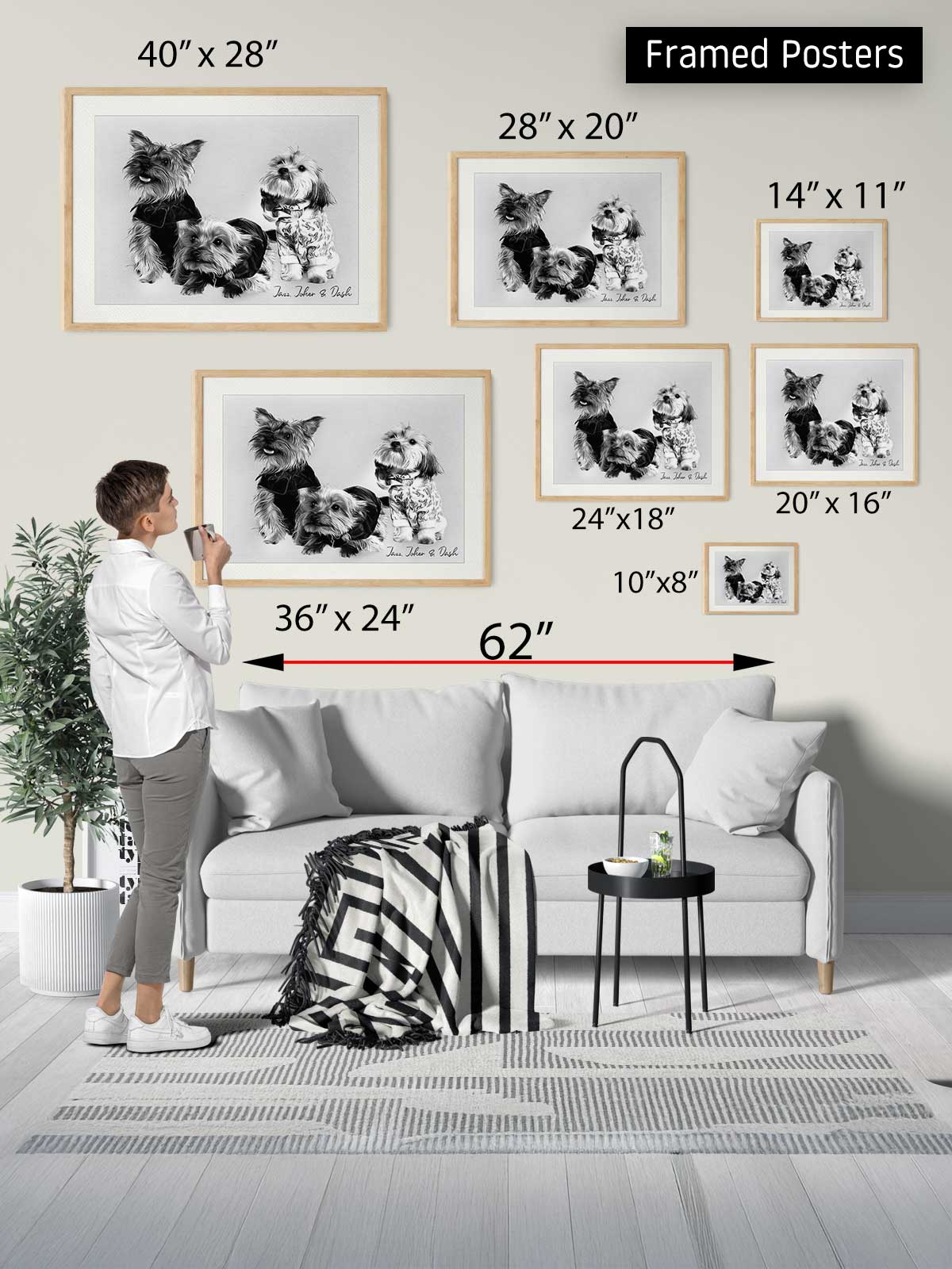 a person standing in a living room, surrounded by various framed posters of dogs. The posters are of different sizes and are displayed on the wall, creating a collage-like arrangement. The person appears to be examining the posters, possibly considering which one to hang or display.