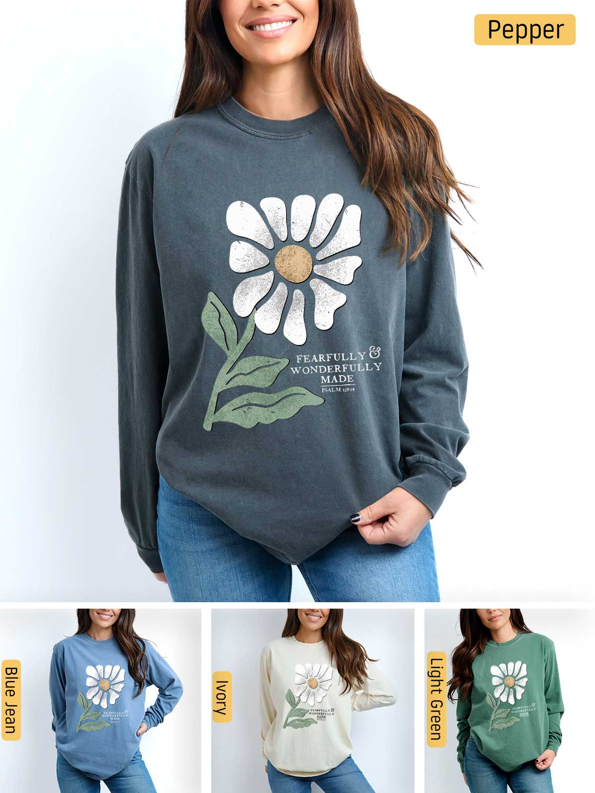 a woman wearing a sweatshirt with a flower on it