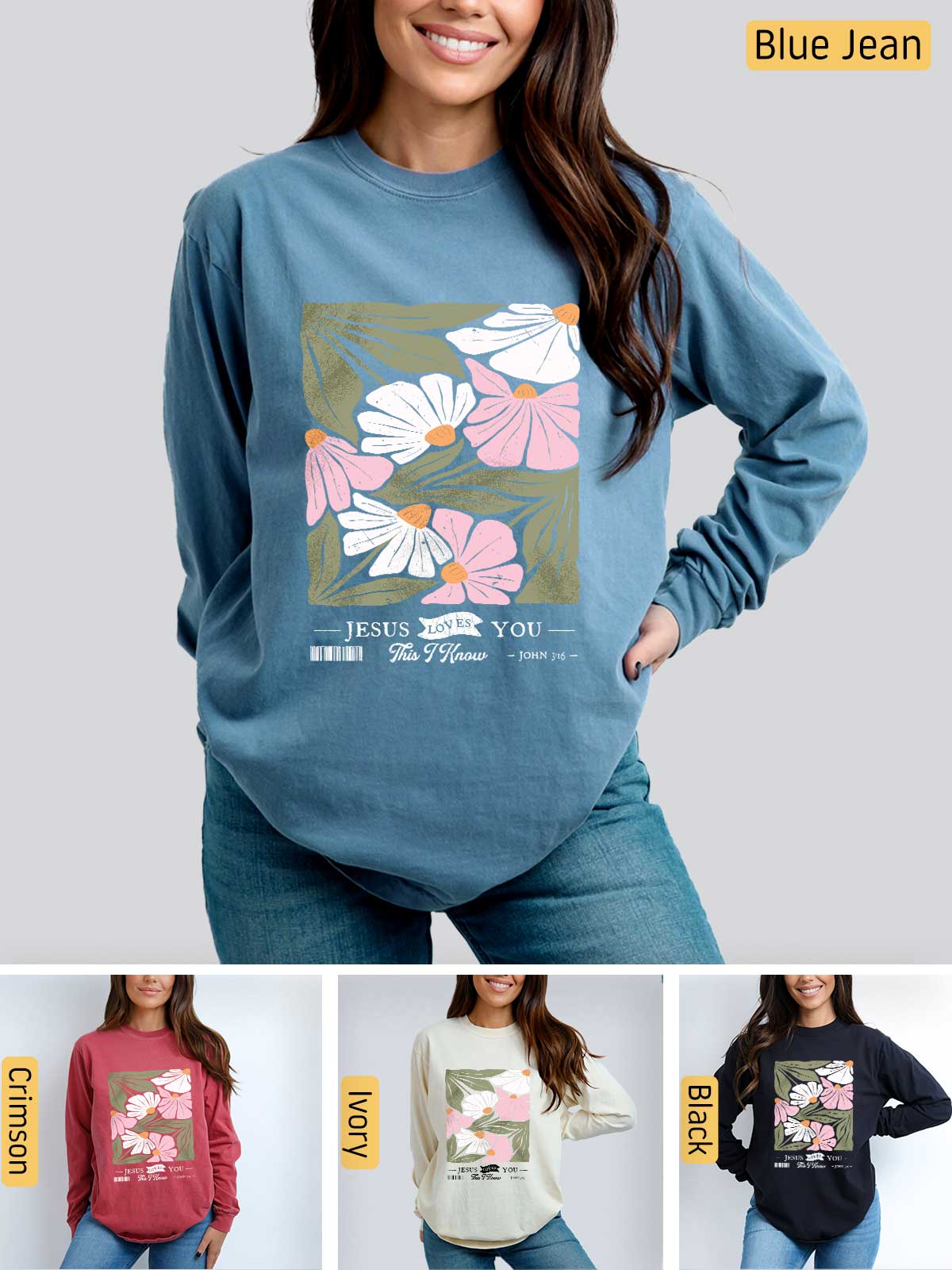 a woman wearing a blue jean sweatshirt with flowers on it