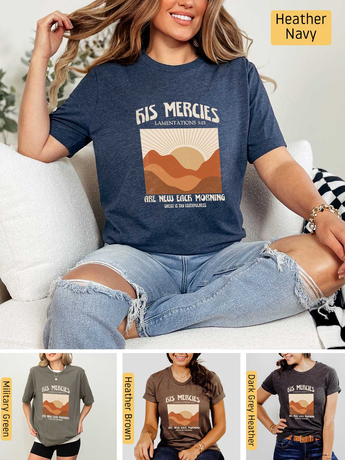 a woman sitting on top of a couch wearing a t - shirt