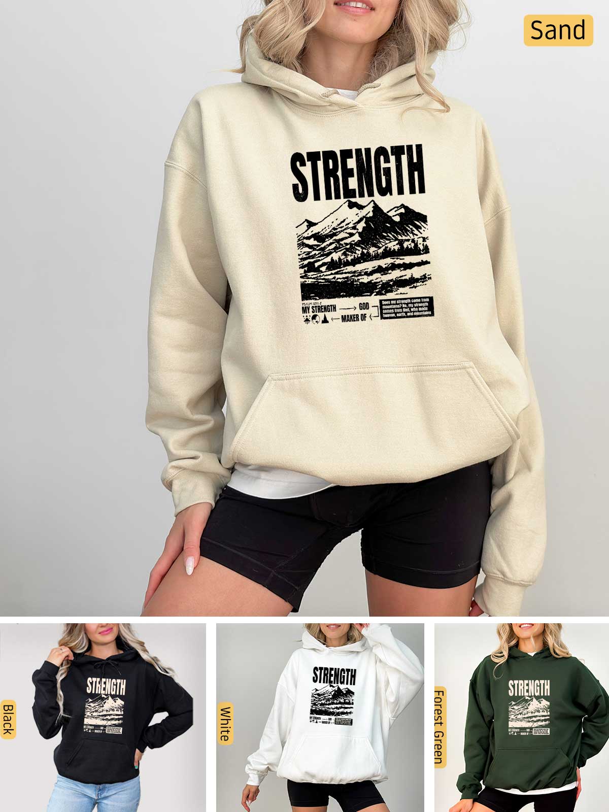 a woman wearing a sweatshirt with the words strength on it