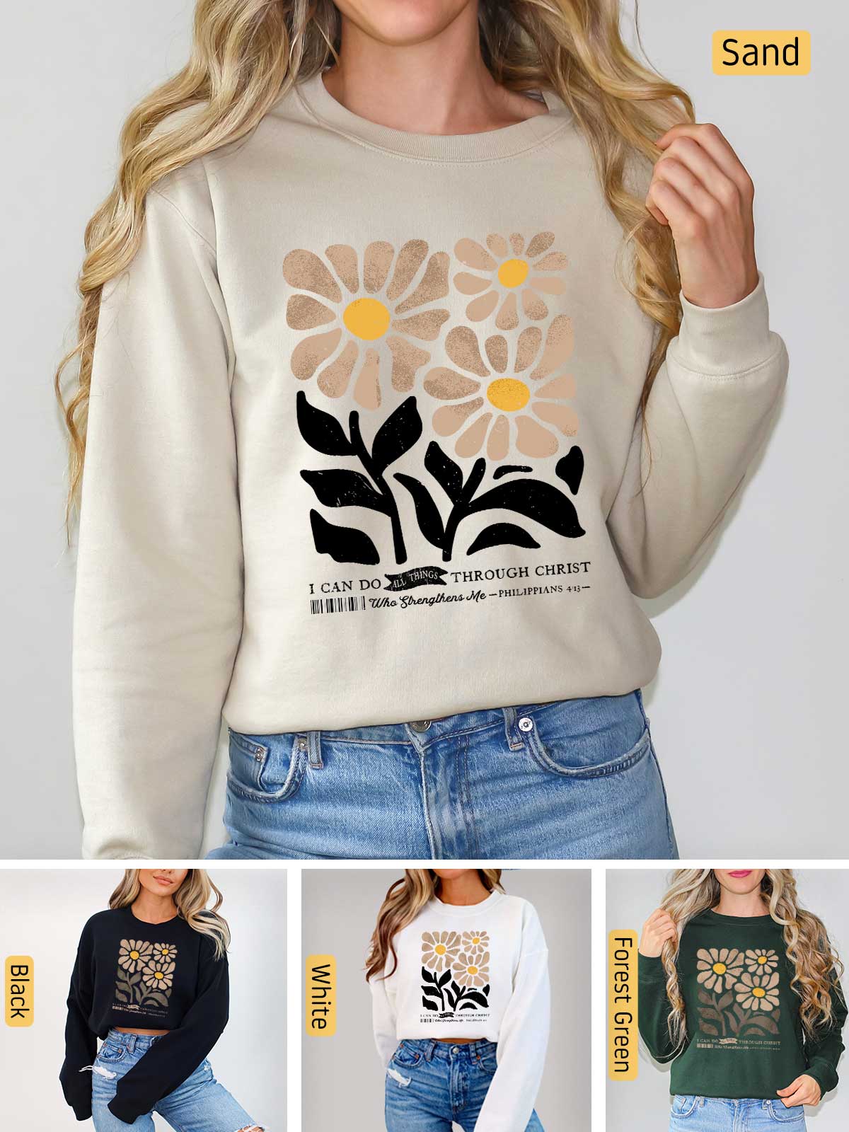 a woman wearing a sweatshirt with flowers on it