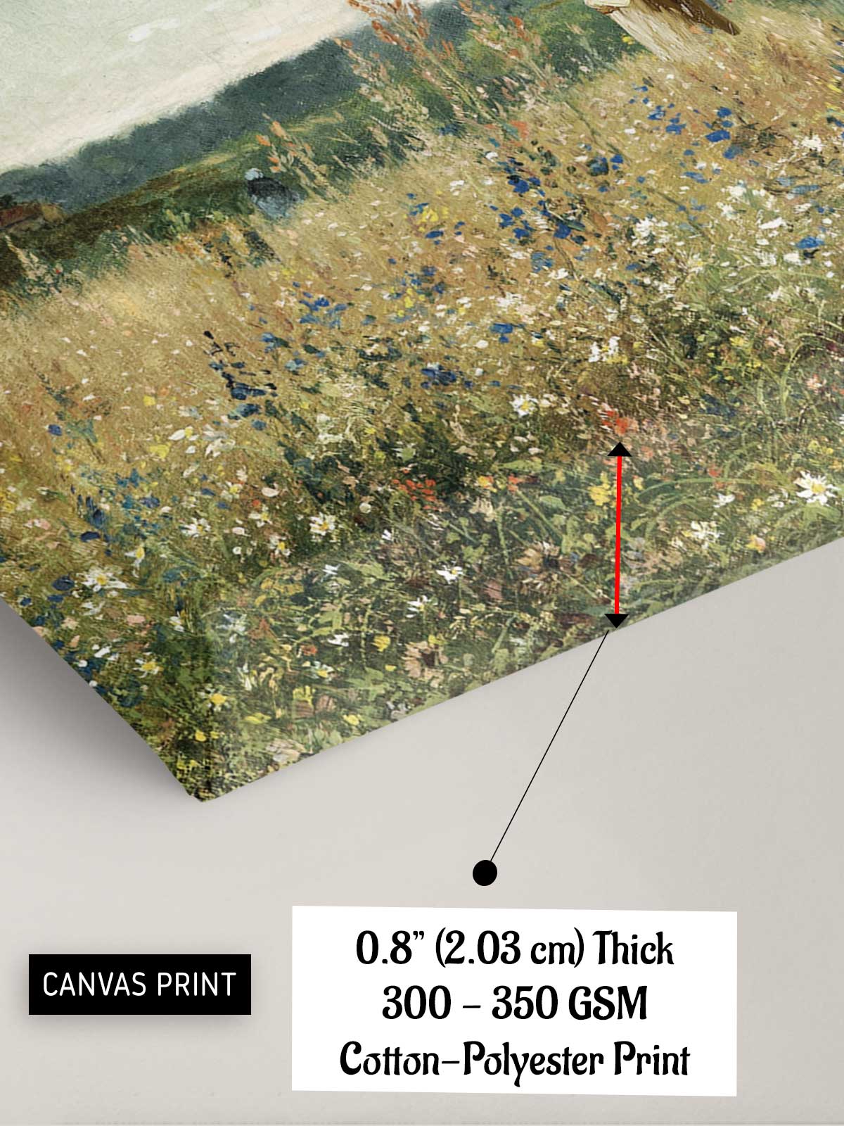 The image is a print of a field of flowers, with a red arrow pointing to a specific detail. The print is described as a thick cotton- polyester print, with a thickness of 0.8" (2.03 cm) and a size of 300-350 GSM.