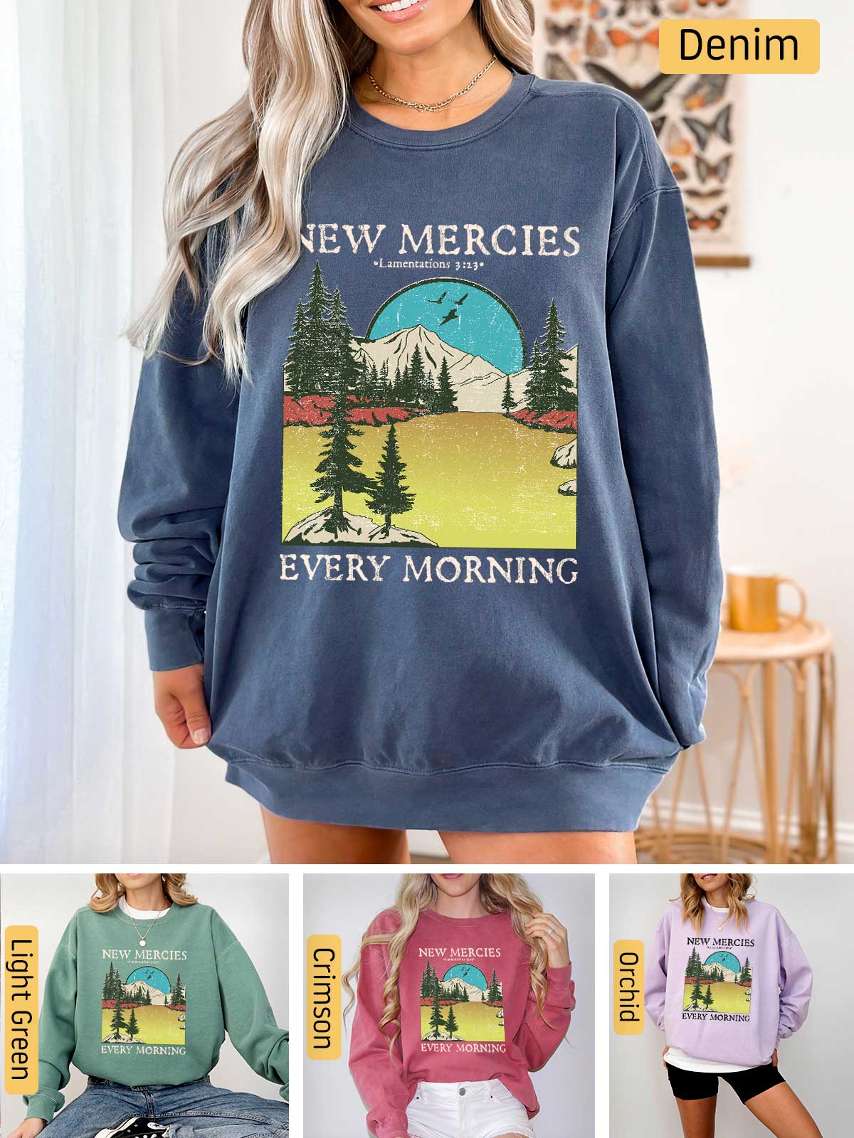 a woman wearing a sweatshirt with the words new mercies every morning on it