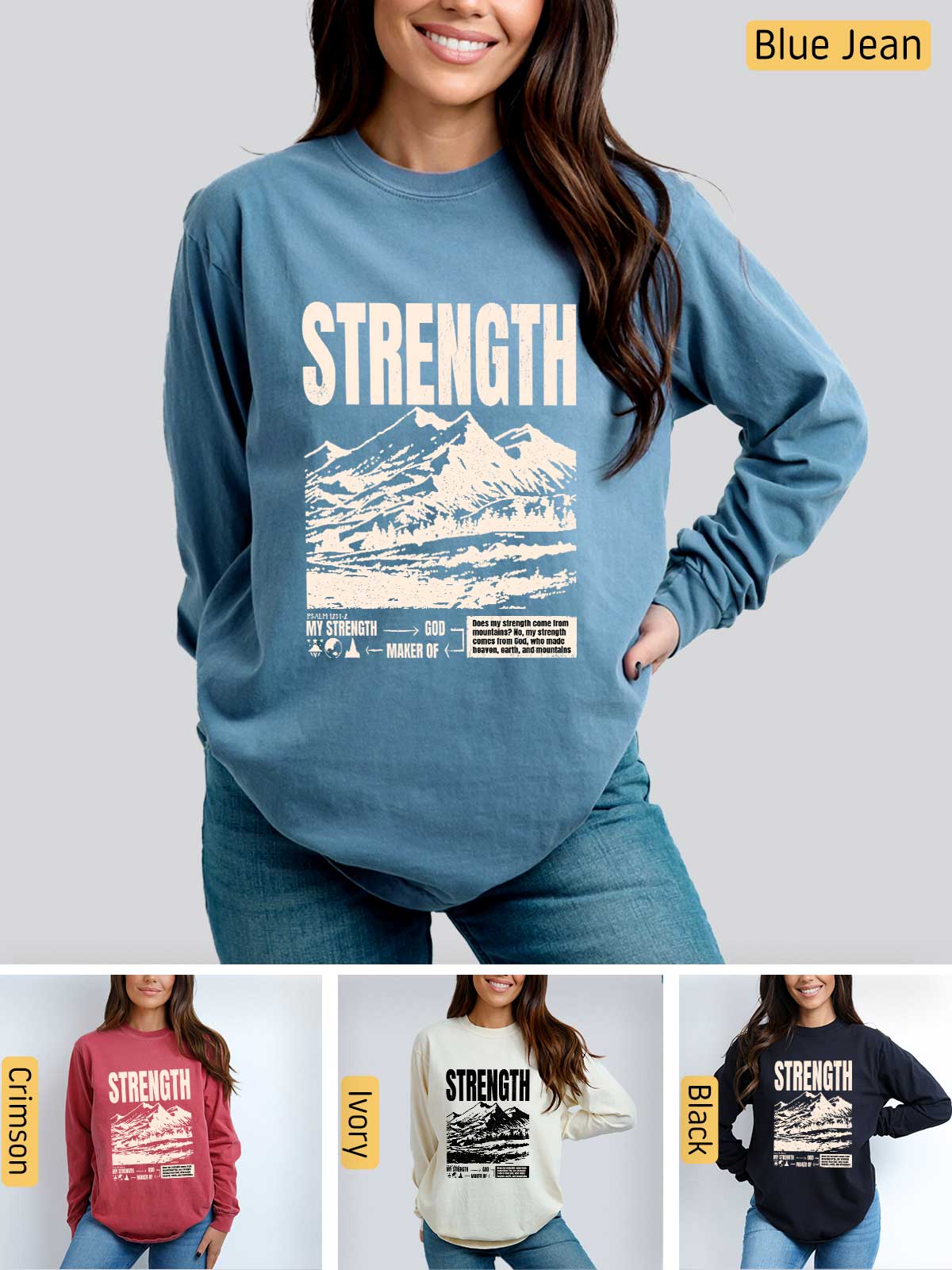 a woman wearing a blue sweatshirt with the words strength on it