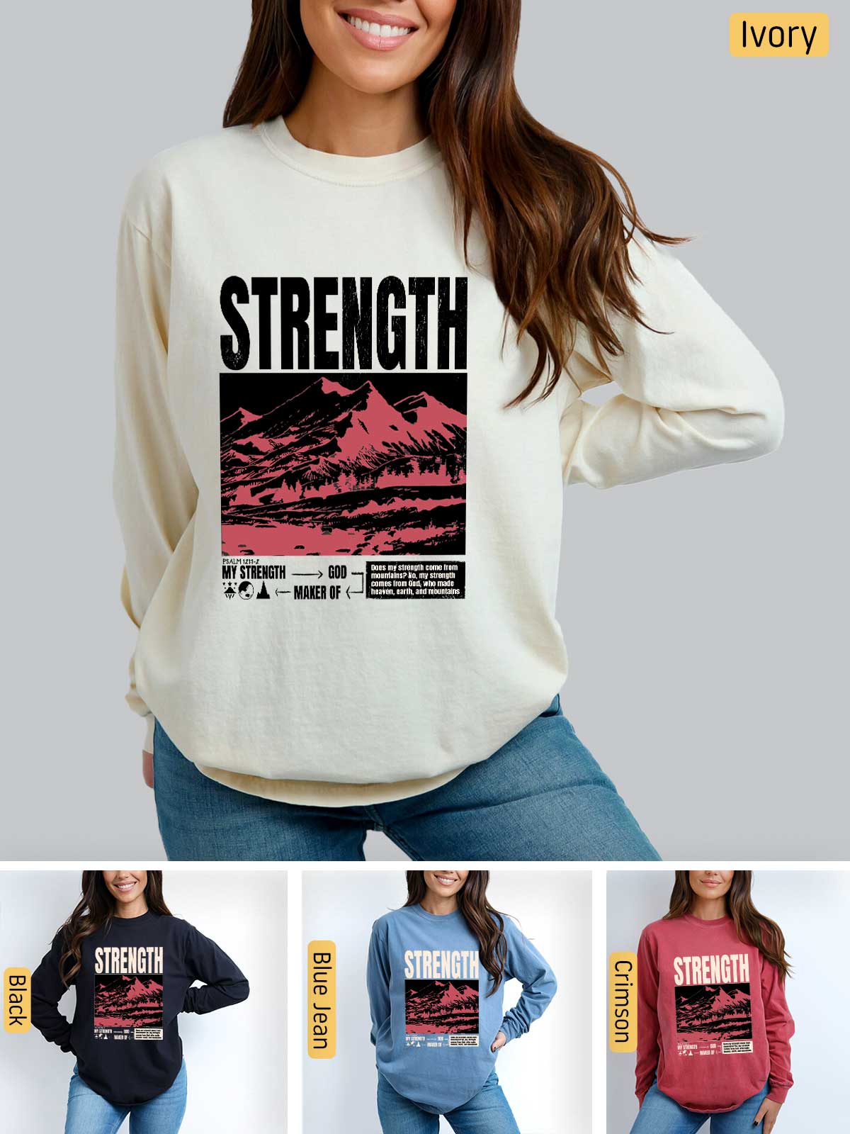 a woman wearing a sweatshirt with the words strength on it