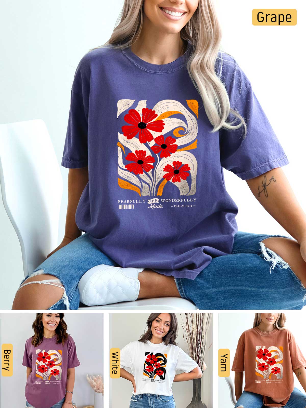 a woman wearing a t - shirt with flowers on it