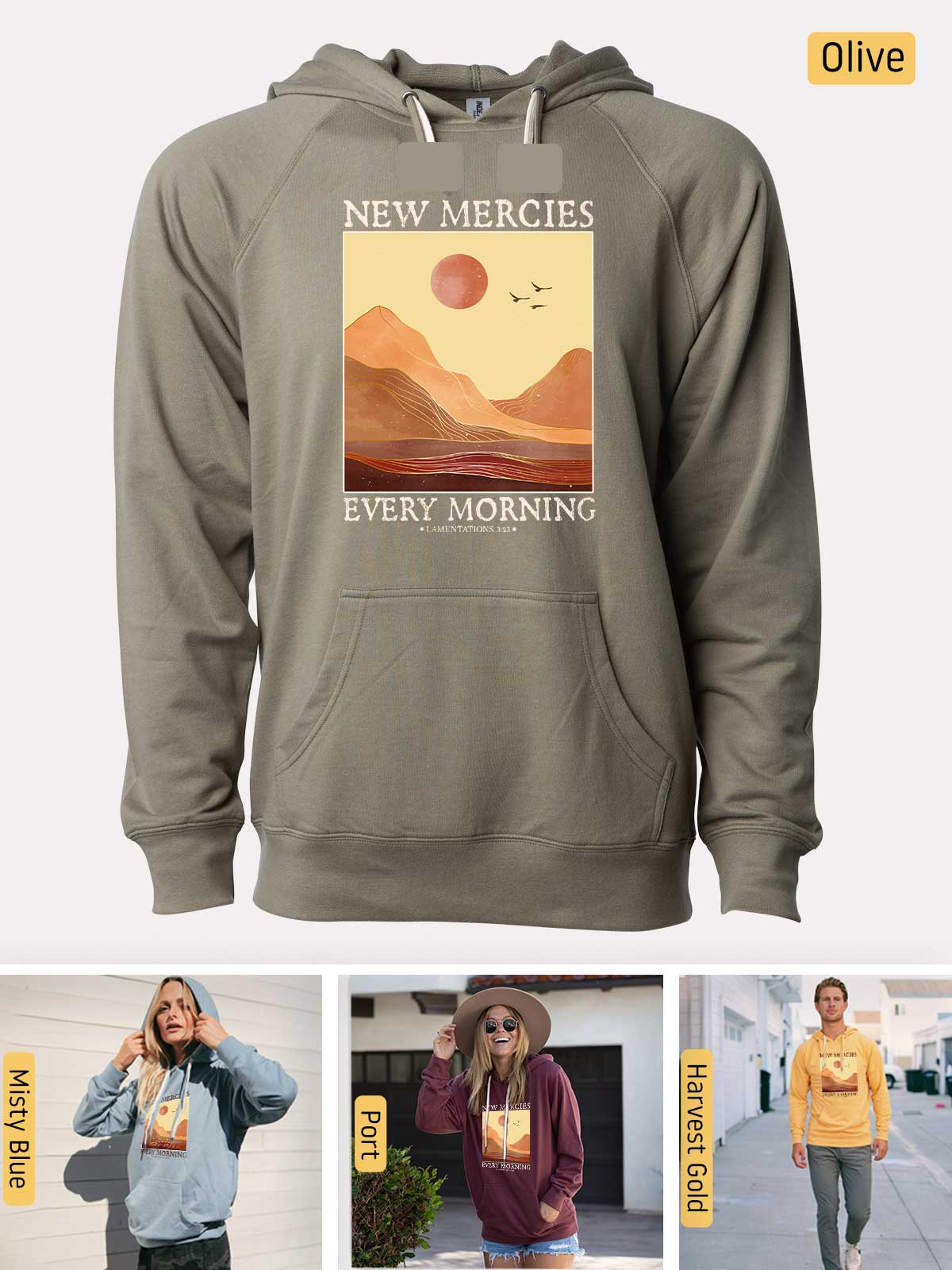 a collage of photos of a woman wearing a new mercies hoodie