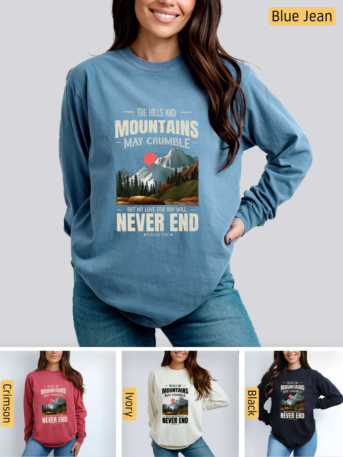 a woman wearing a blue sweatshirt with mountains on it