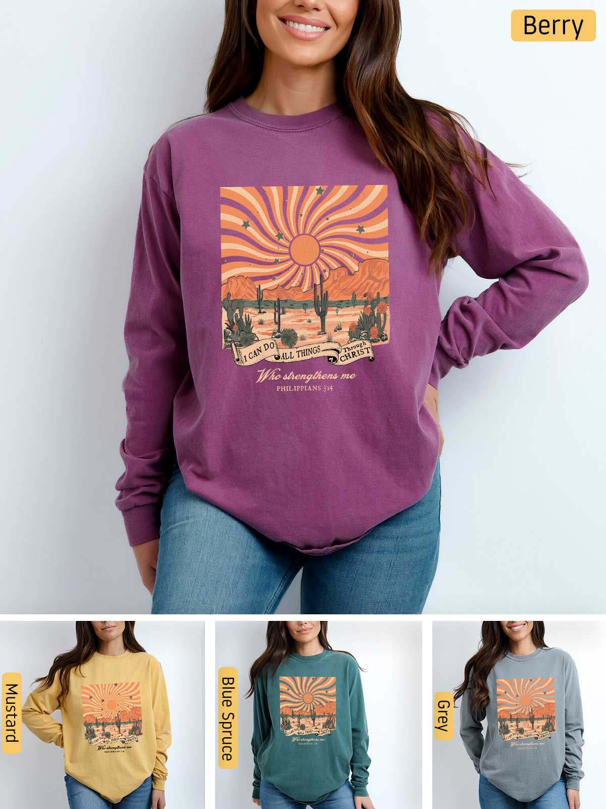 a woman wearing a sweatshirt with a desert scene on it