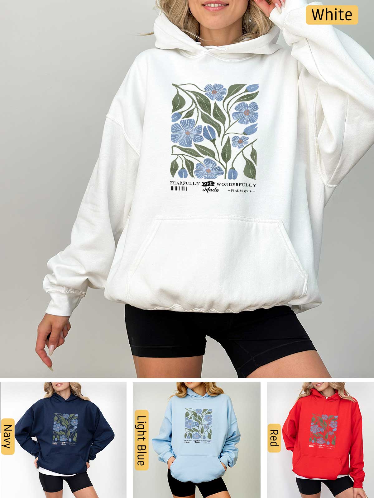 a woman wearing a sweatshirt with flowers on it