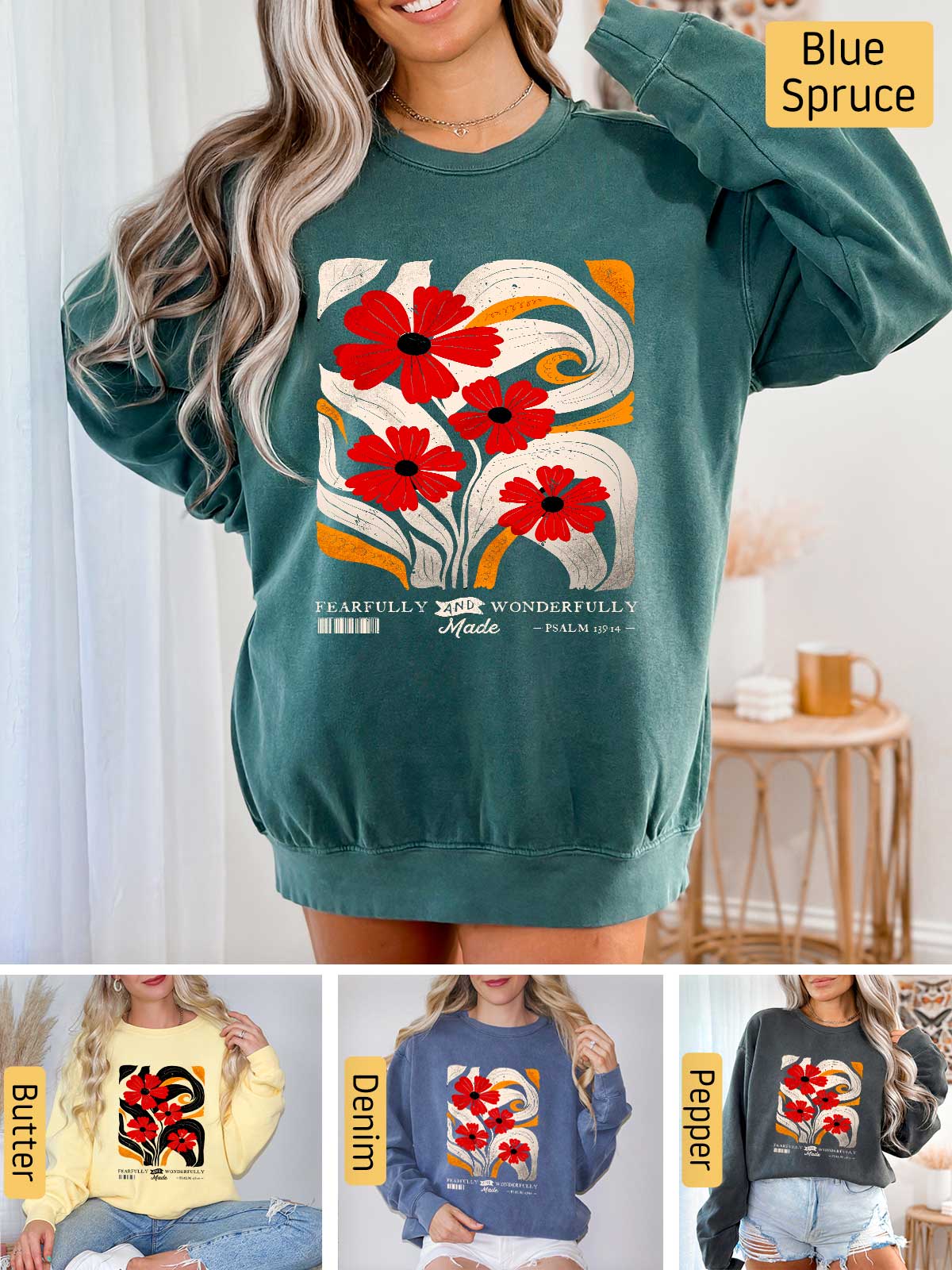 a woman wearing a green sweatshirt with red flowers on it