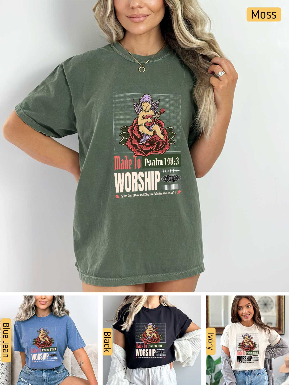 a woman wearing a t - shirt that says made to worship