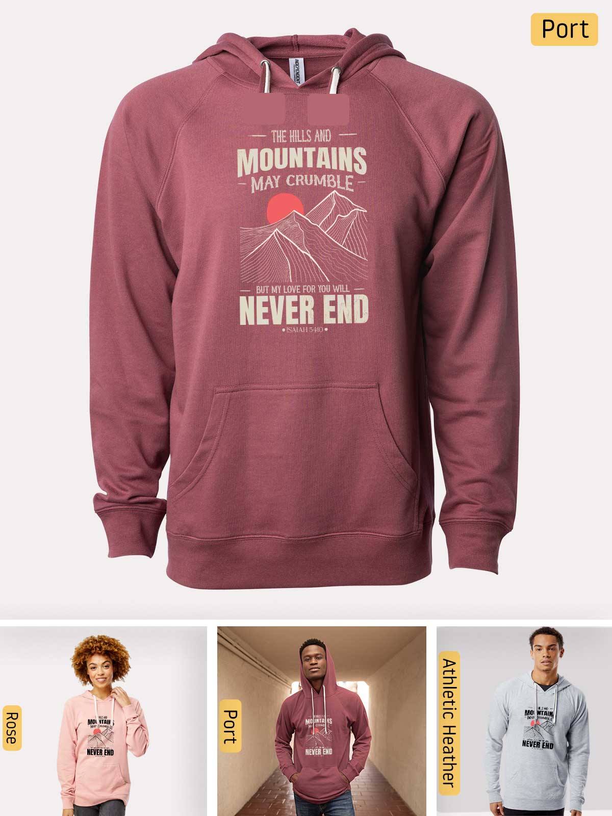 a man wearing a maroon hoodie with mountains on it