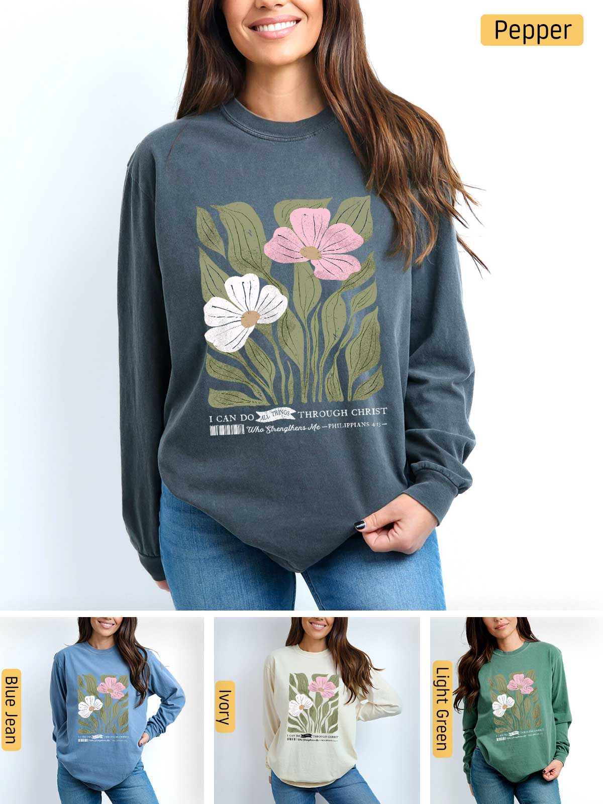 a woman wearing a sweatshirt with flowers on it