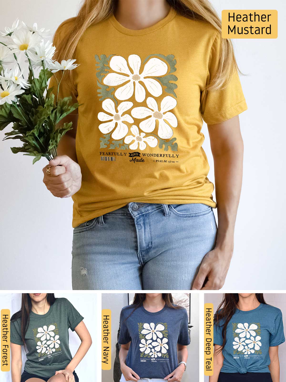 a woman wearing a t - shirt with flowers on it