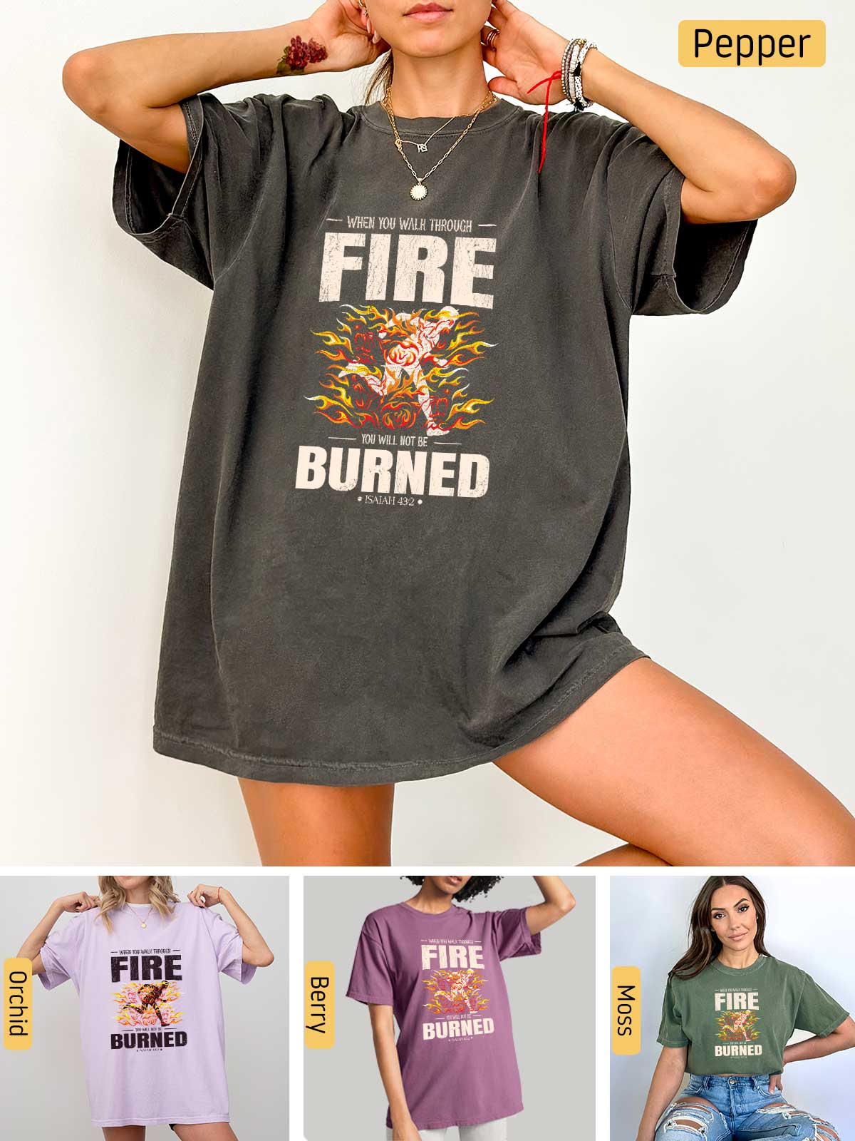 a woman wearing a t - shirt that says fire burned