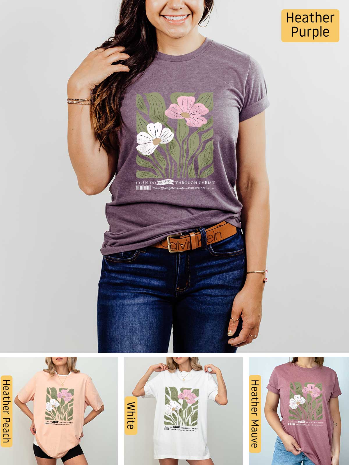 a woman wearing a t - shirt with flowers on it