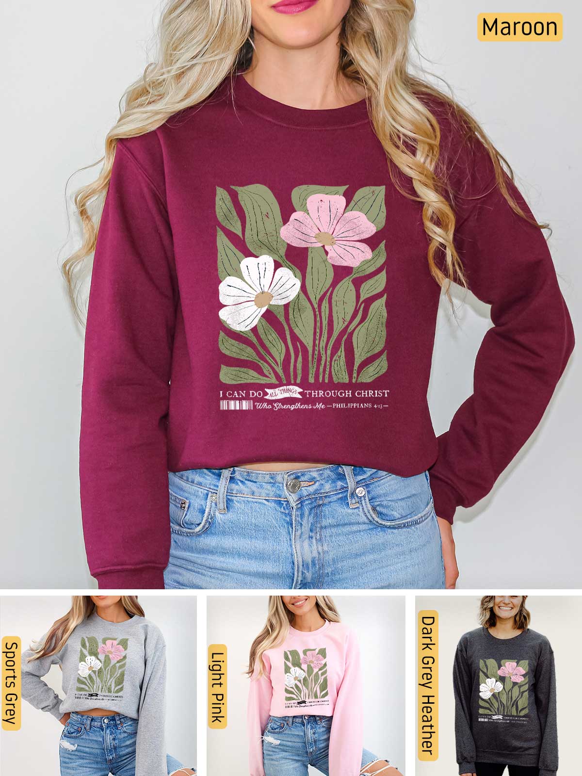 a woman wearing a sweatshirt with flowers on it