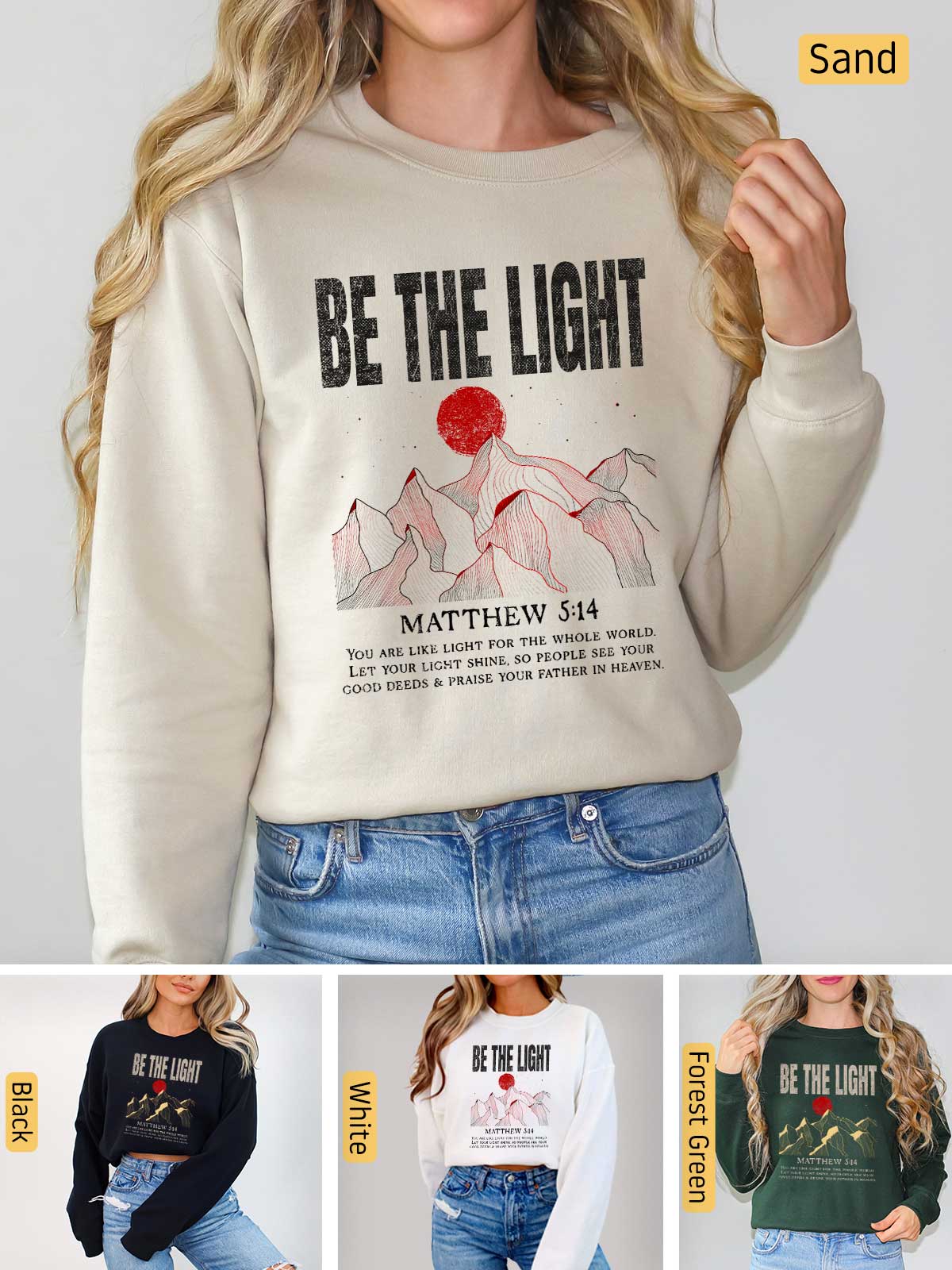 a woman wearing a sweatshirt with the words be the light on it