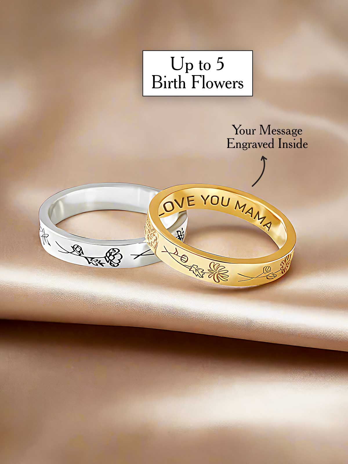 two gold and silver wedding rings with names on them