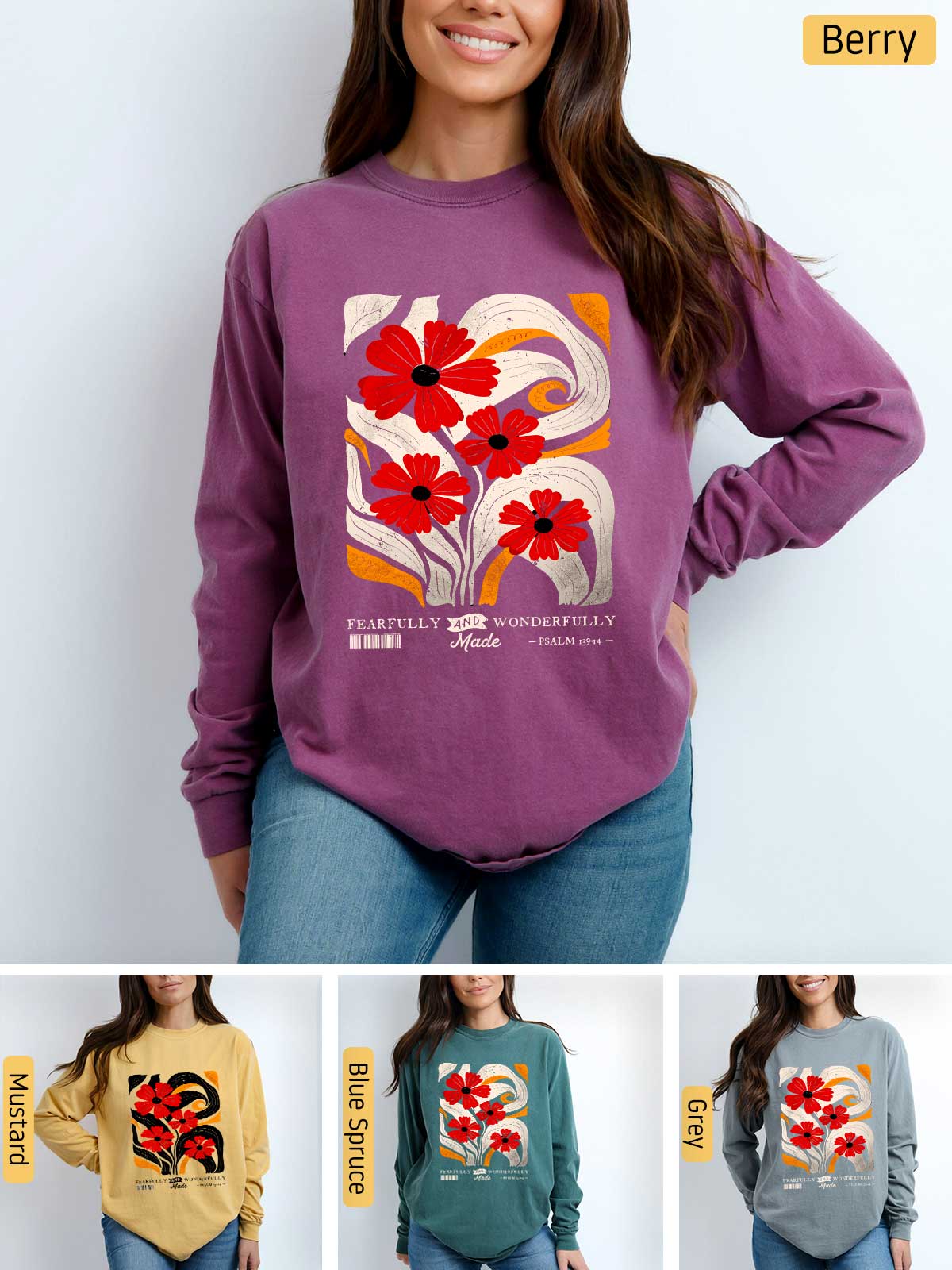 a woman wearing a sweatshirt with flowers on it