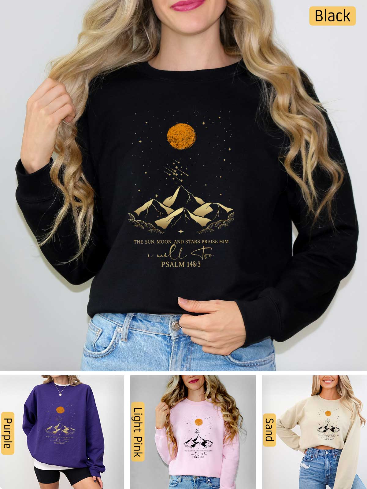 a woman wearing a sweatshirt with mountains and stars on it