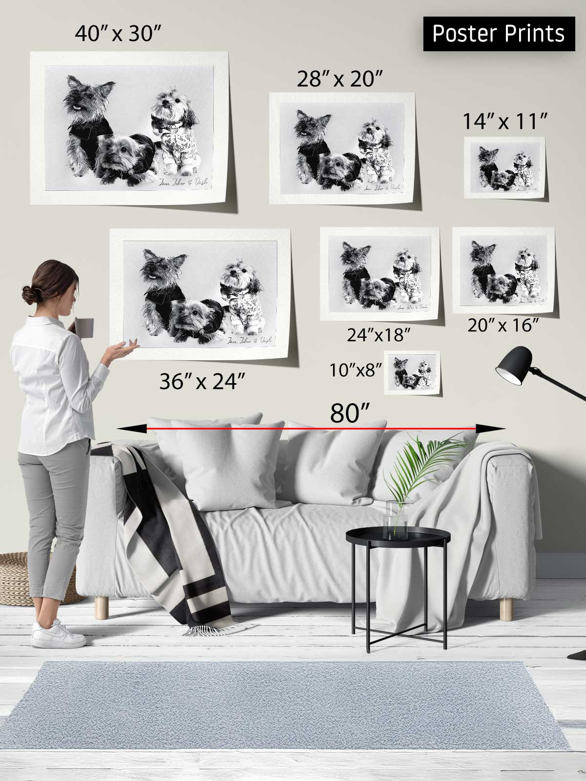 The image is a poster print display featuring a woman standing in front of a gray couch, with various sizes of black and white dog illustrations displayed on the wall.
