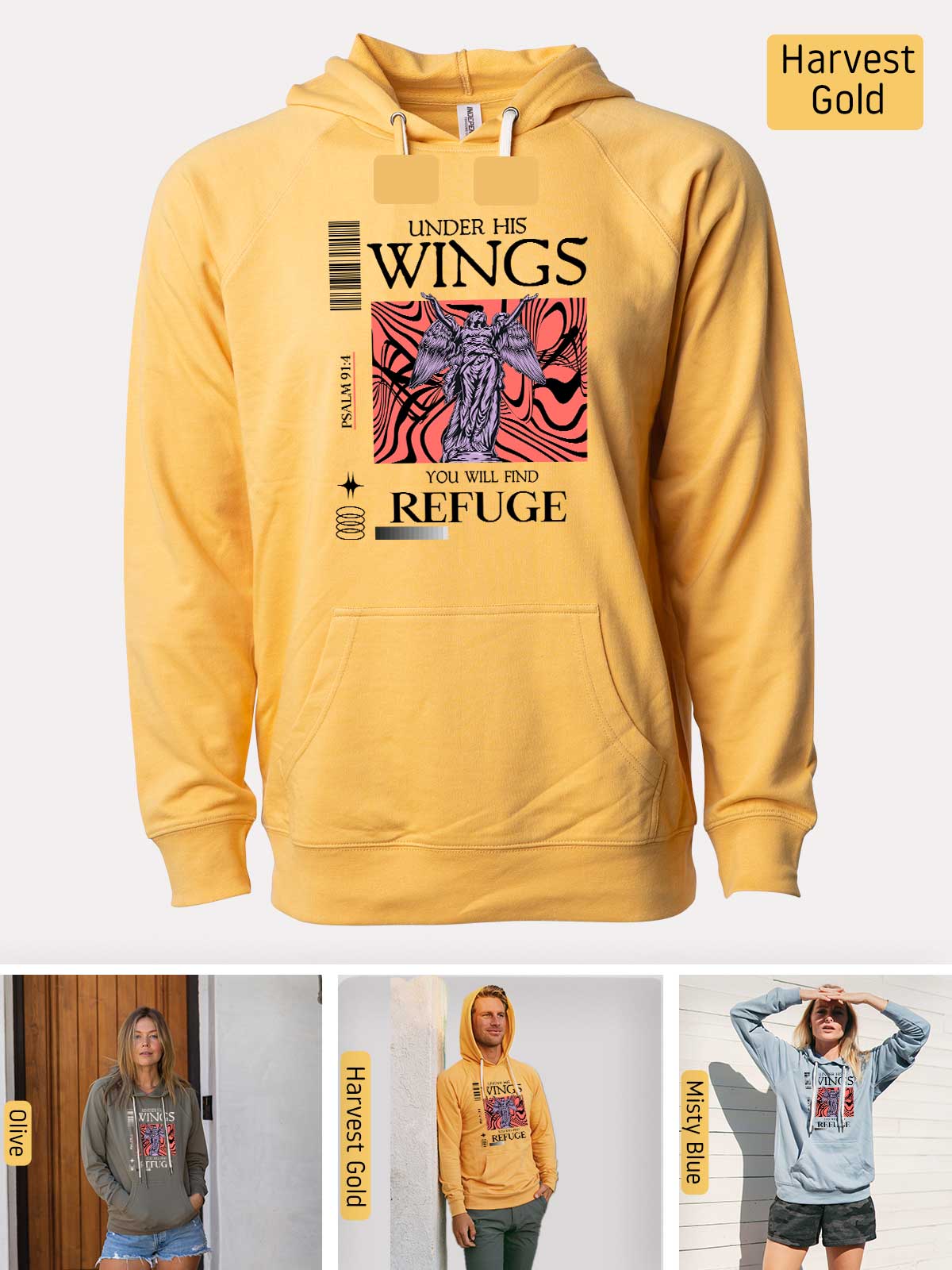 a yellow hoodie with a picture of a woman with wings on it