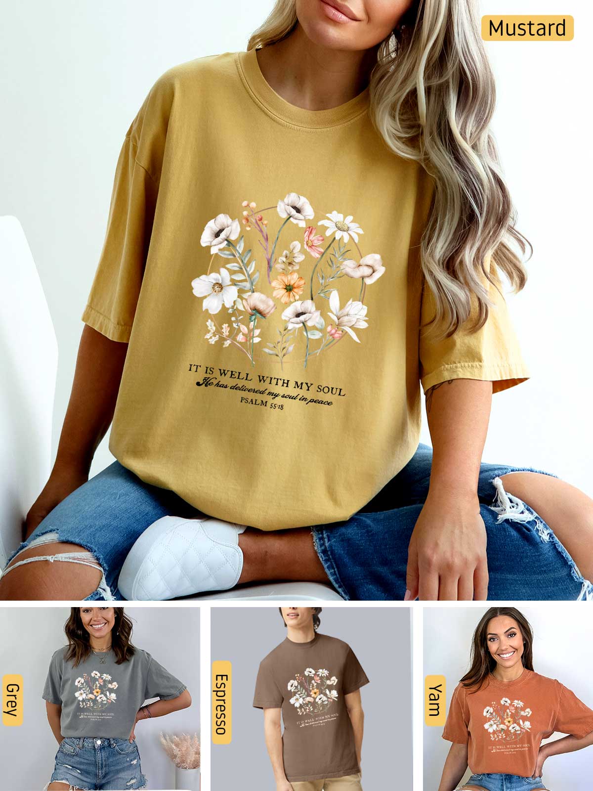 a woman wearing a mustard colored t - shirt with flowers on it